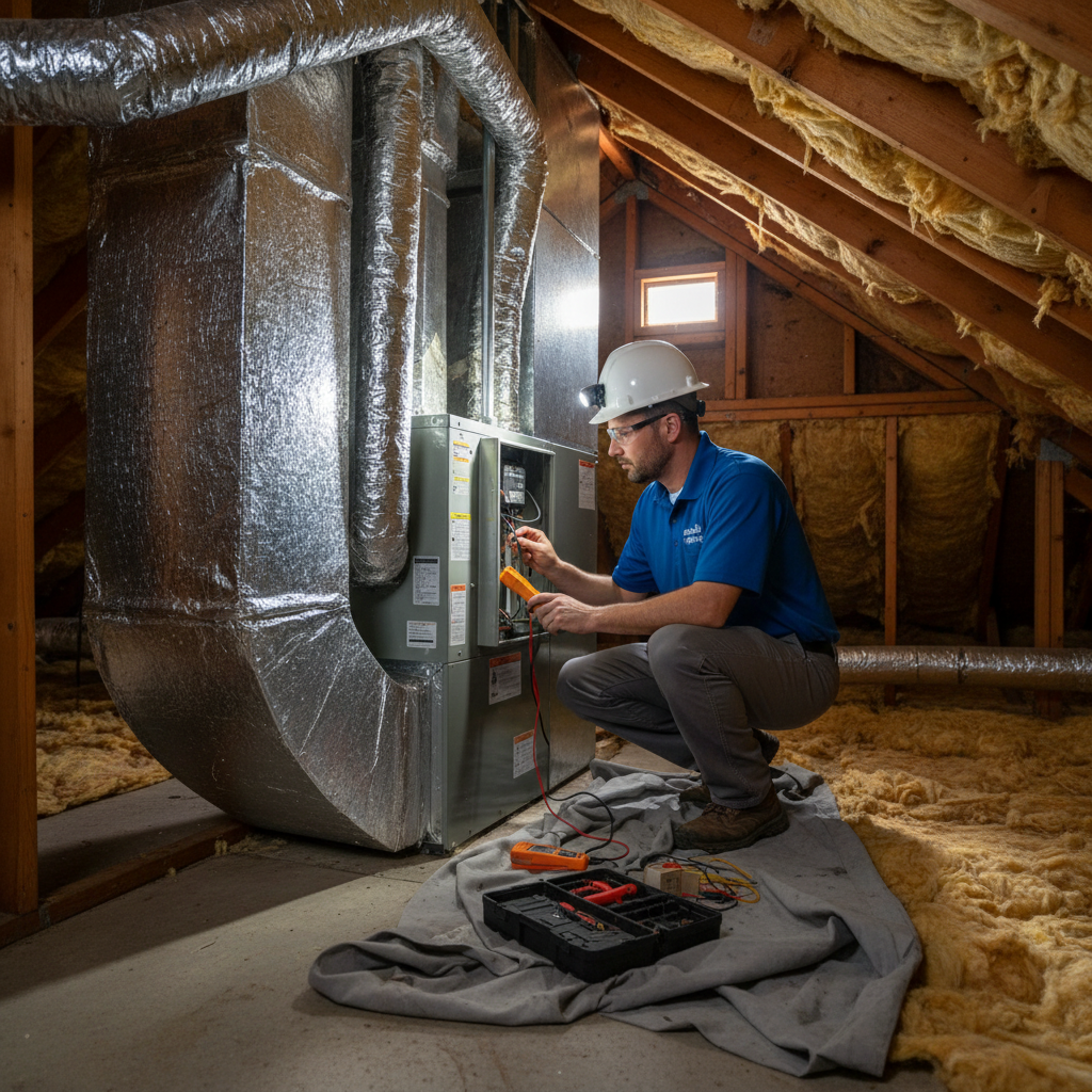 Boost My Air technician performing HVAC maintenance in an attic of a DFW metroplex, TX residence.