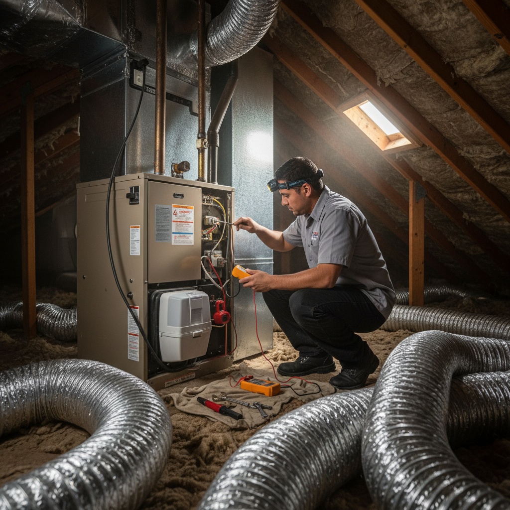 Boost My Air technician performing HVAC maintenance on a furnace in a Grand Prairie, TX attic.