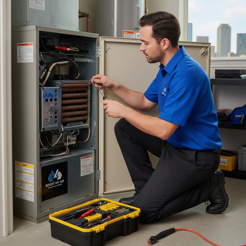 Boost My Air technician performing HVAC maintenance on a furnace in Grand Prairie, TX.