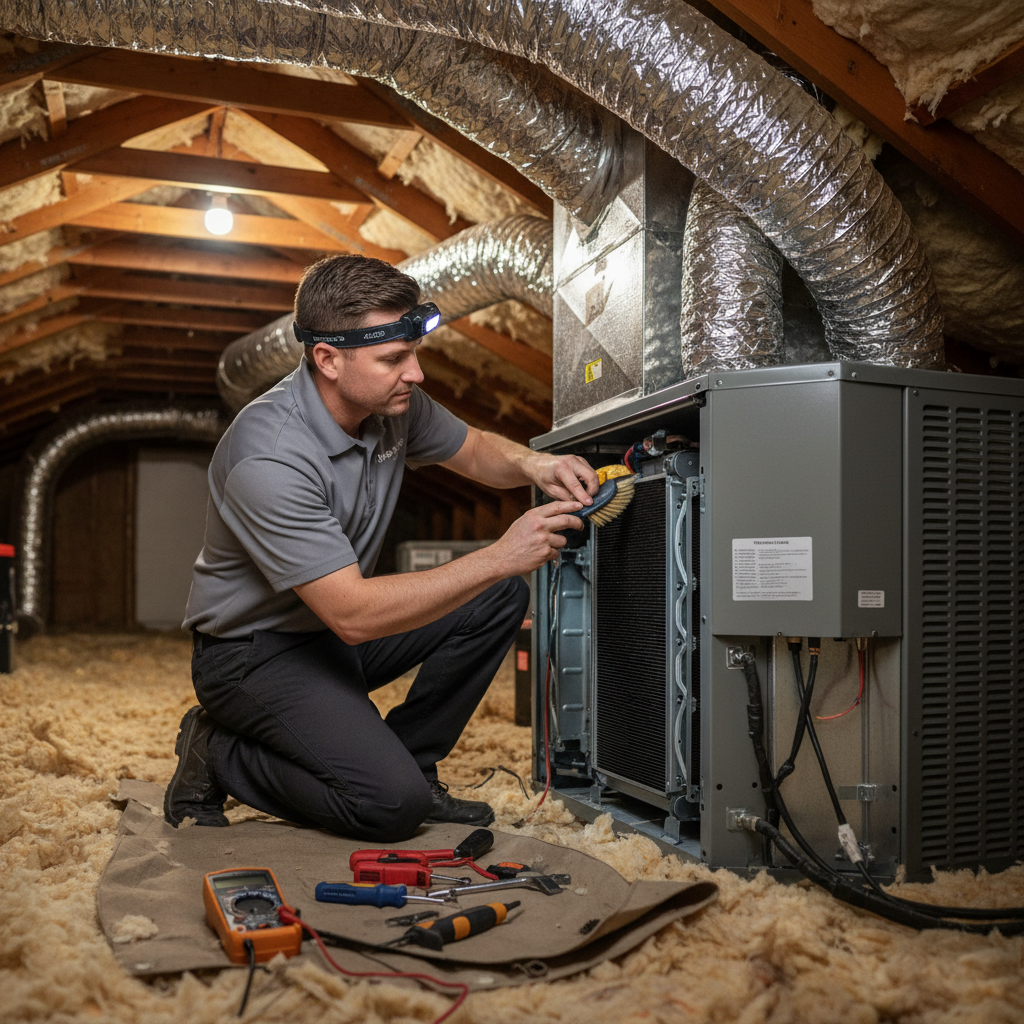 Boost My Air technician performing HVAC maintenance on a residential unit in Grand Prairie, TX.