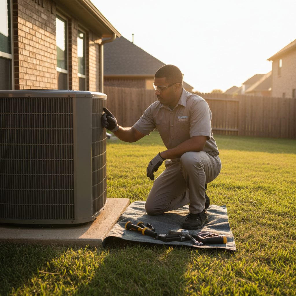 Boost My Air technician performing HVAC maintenance on a residential unit in Grand Prairie, TX.