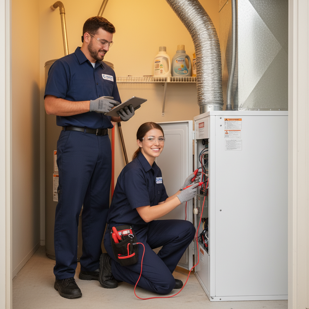 Boost My Air technician performing HVAC maintenance on an indoor furnace in a Grand Prairie, TX home.