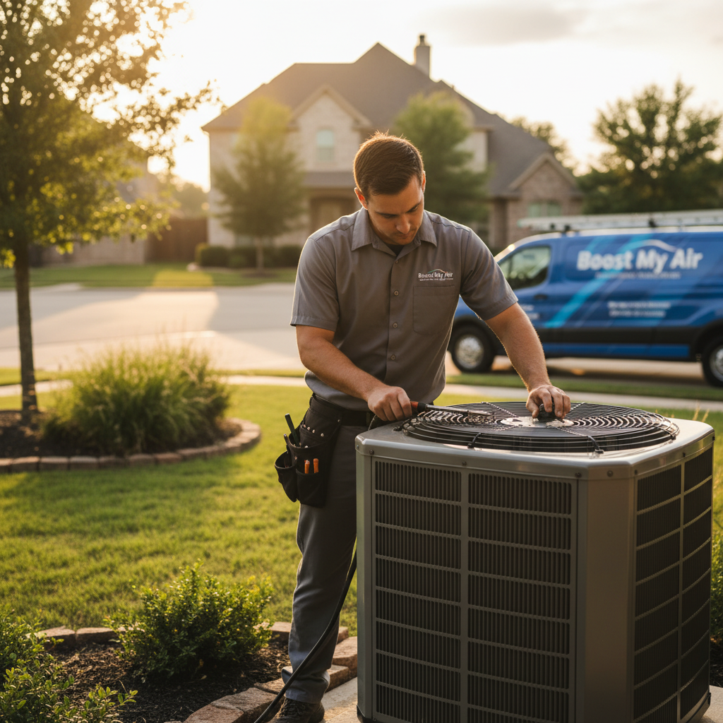 Boost My Air technician performing HVAC maintenance on an outdoor unit in the DFW metroplex, TX.