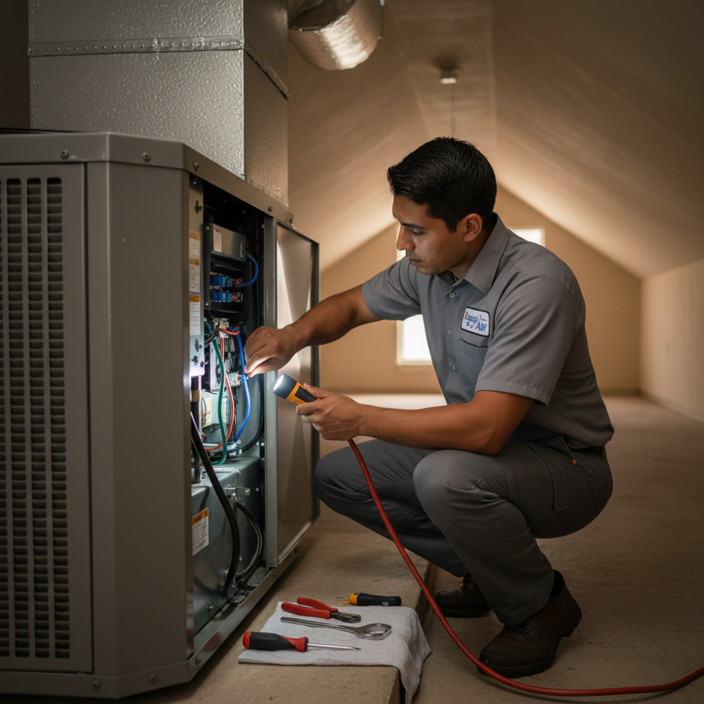 Boost My Air technician performing HVAC system inspection inside a DFW metroplex home.