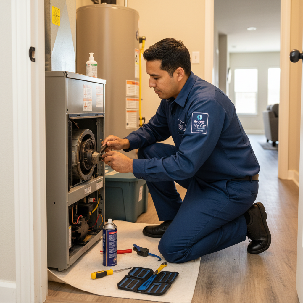 Boost My Air technician performing HVAC system maintenance inside a home in Grand Prairie, TX.