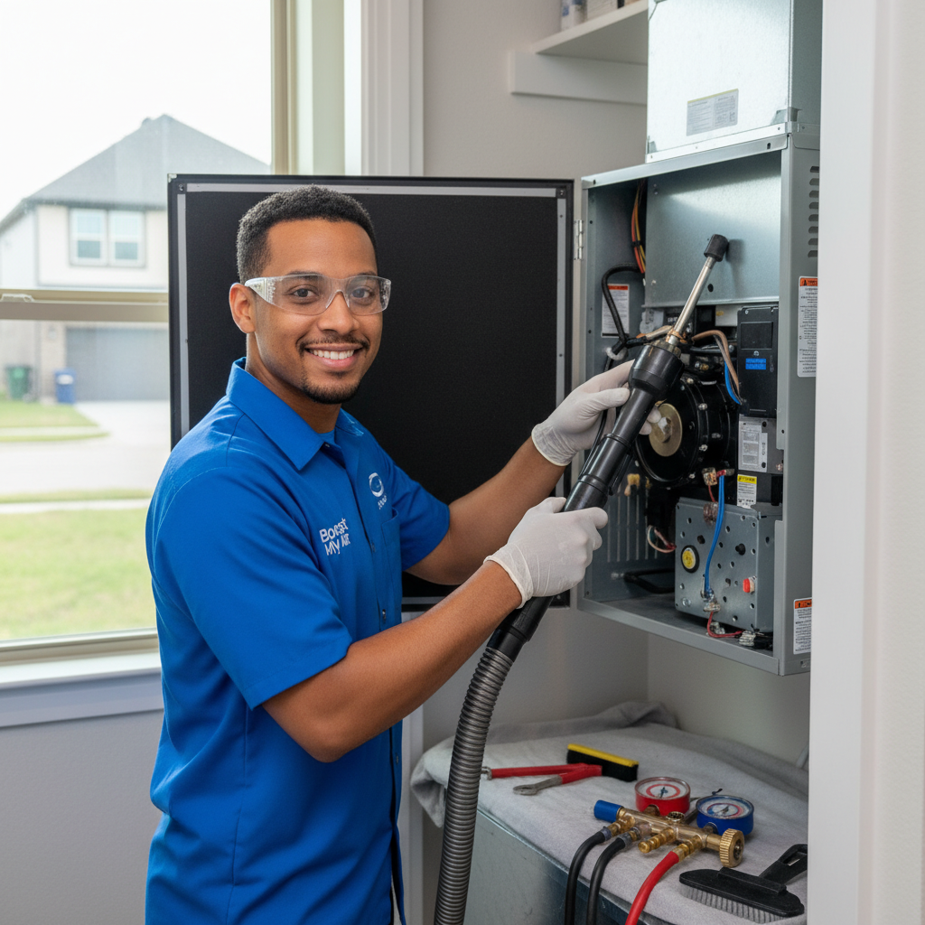 Boost My Air technician performing HVAC system maintenance inside a Grand Prairie, TX home.