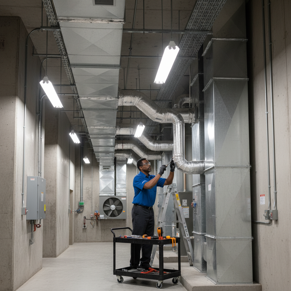 Boost My Air technician performing HVAC system maintenance in a DFW metroplex, TX commercial building.