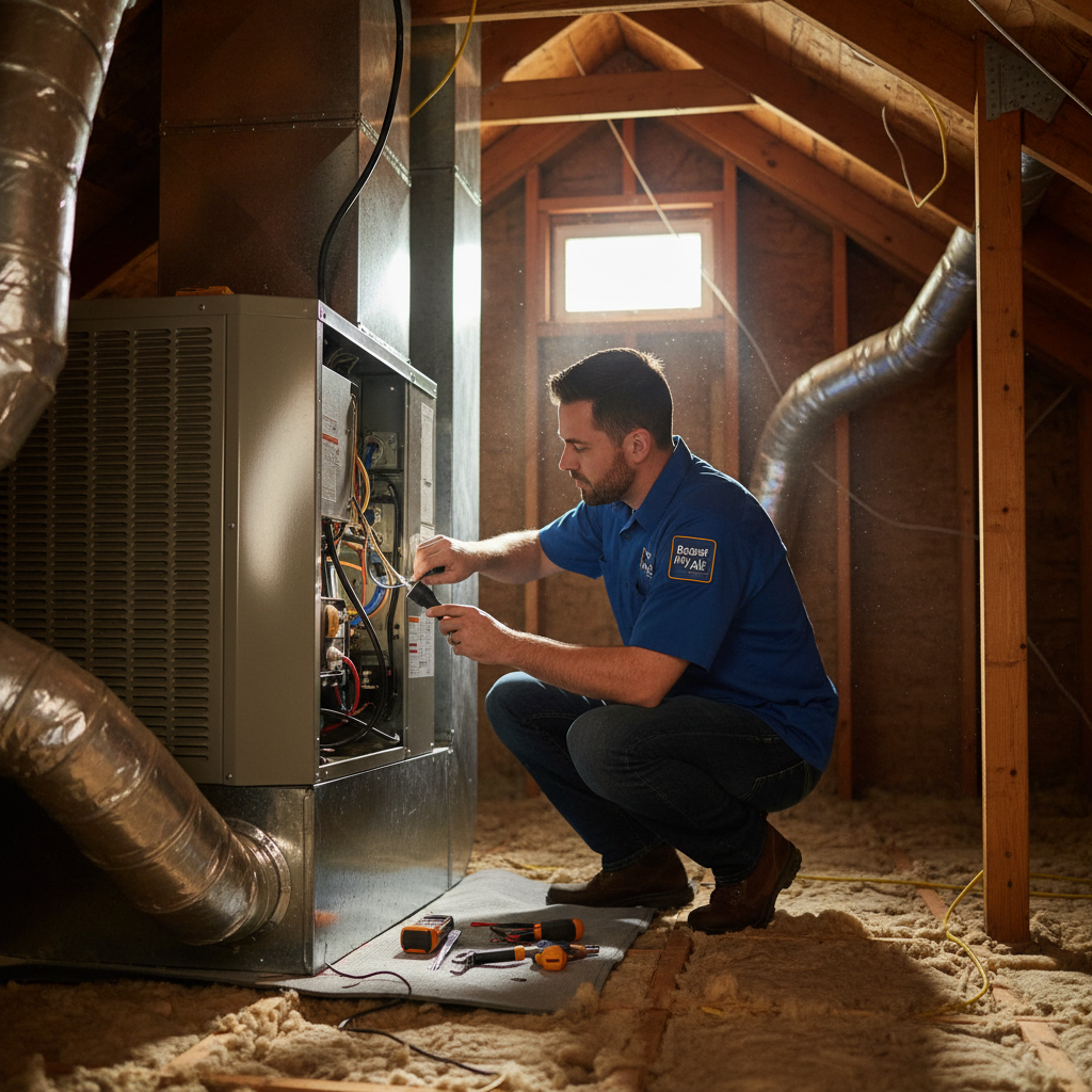 Boost My Air technician performing HVAC system maintenance in a residential attic in the DFW metroplex.