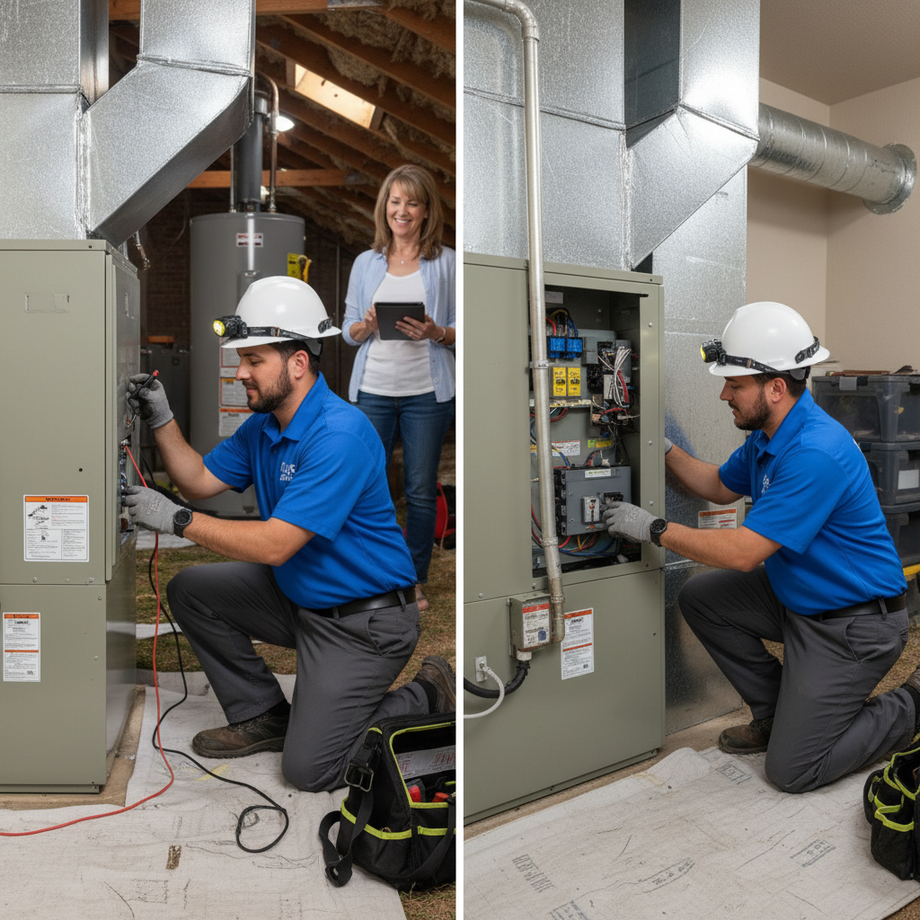 Boost My Air technician performing HVAC system maintenance inside a DFW metroplex home.