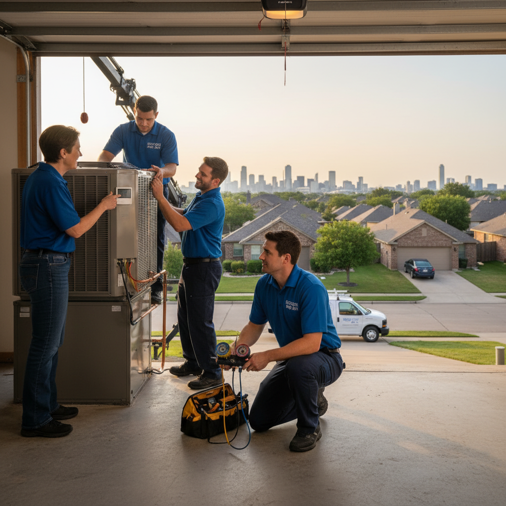 Boost My Air technician performing HVAC system maintenance in a Grand Prairie, TX home.
