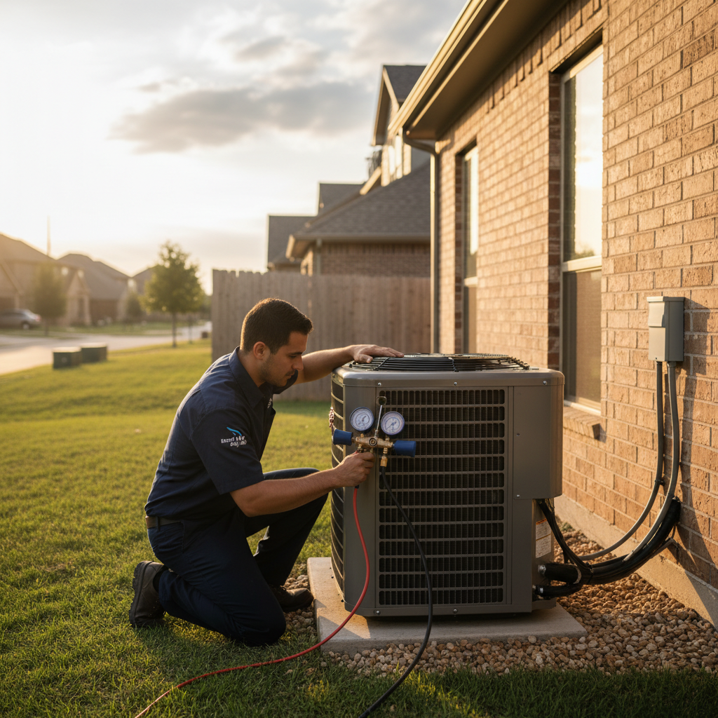 Boost My Air technician performing HVAC system maintenance on a residential unit in DFW metroplex.