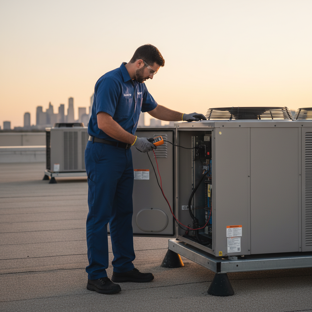 Boost My Air technician performing HVAC system maintenance on a rooftop unit in Grand Prairie, TX, serving the DFW metroplex.