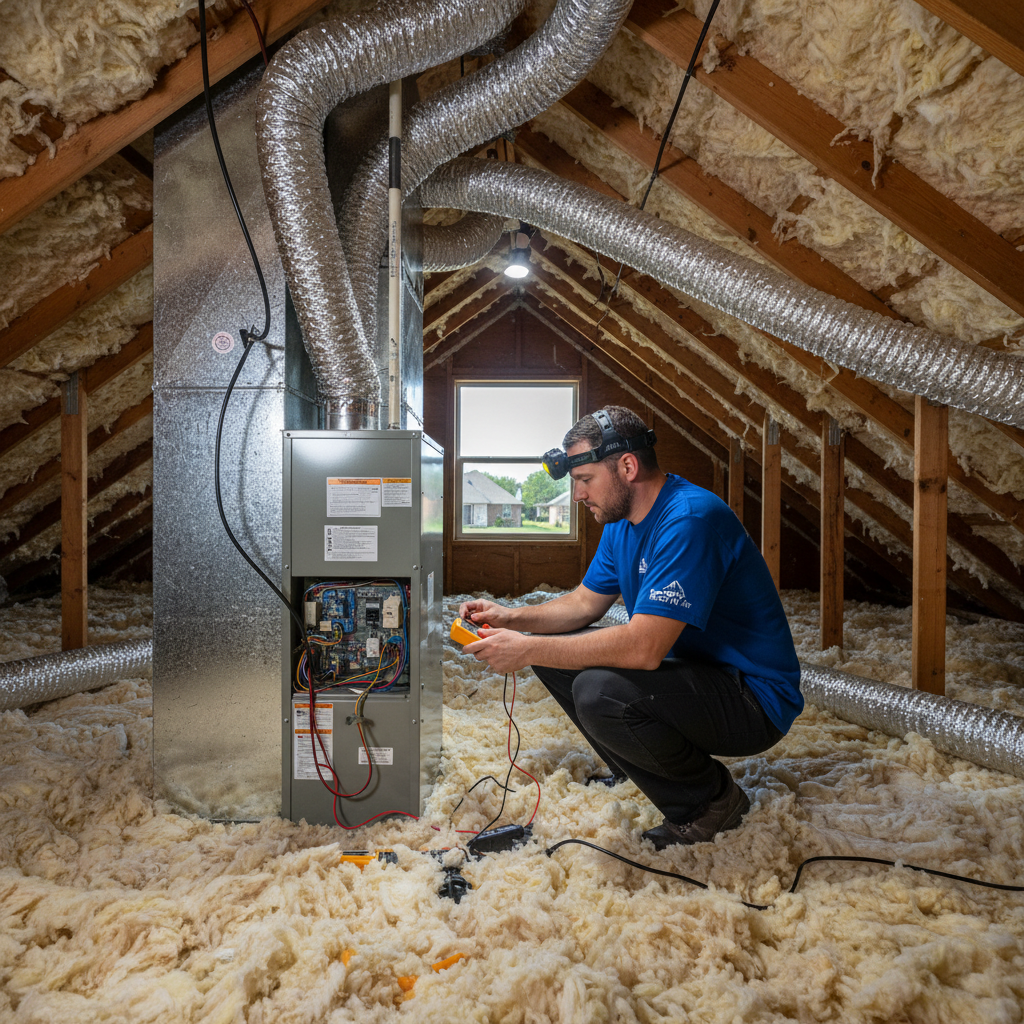 Boost My Air technician performing HVAC system repair in a Grand Prairie, TX home.
