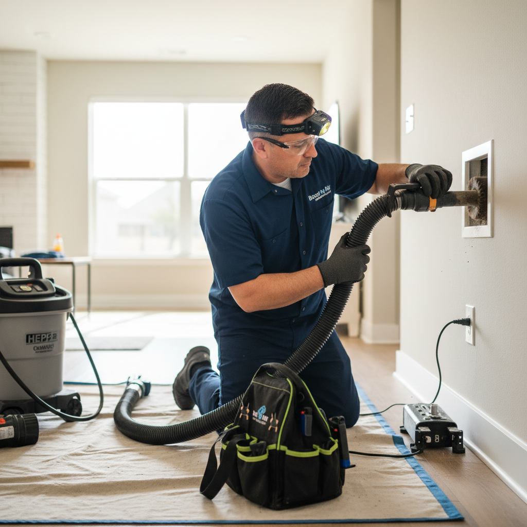 Boost My Air technician performing meticulous air duct cleaning in a Grand Prairie, TX home.