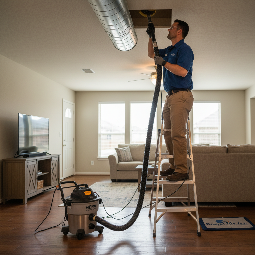 Boost My Air technician performing meticulous air duct cleaning in a DFW metroplex residential property.