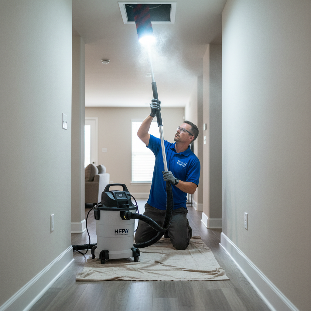 Boost My Air technician performing meticulous air duct cleaning service inside a Grand Prairie, TX residence.