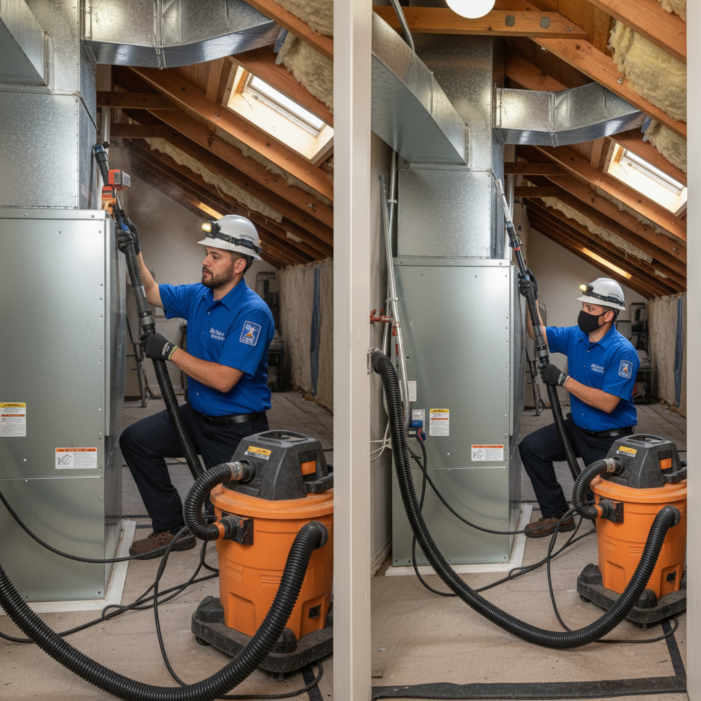 Boost My Air technician performing meticulous air duct cleaning in a Grand Prairie, TX home.
