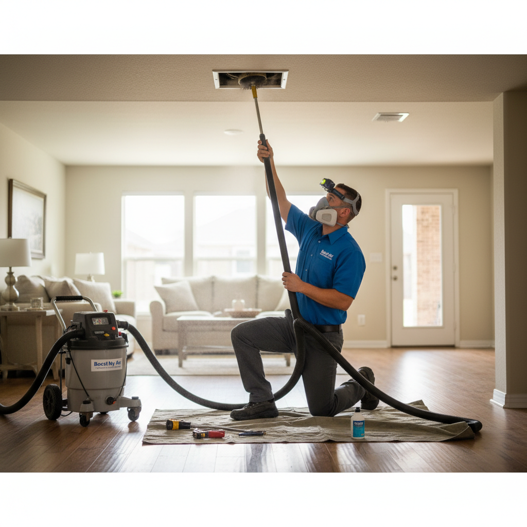 Boost My Air technician performing meticulous air duct cleaning in a Grand Prairie, TX residence.