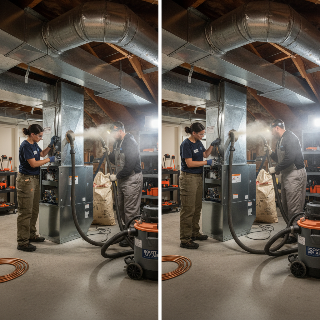 Boost My Air technician performing meticulous air duct cleaning in a DFW metroplex residential attic, ensuring fresh air.