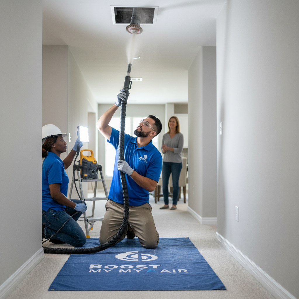 Boost My Air technician performing meticulous air duct cleaning in a DFW metroplex residential property, ensuring fresh indoor air.