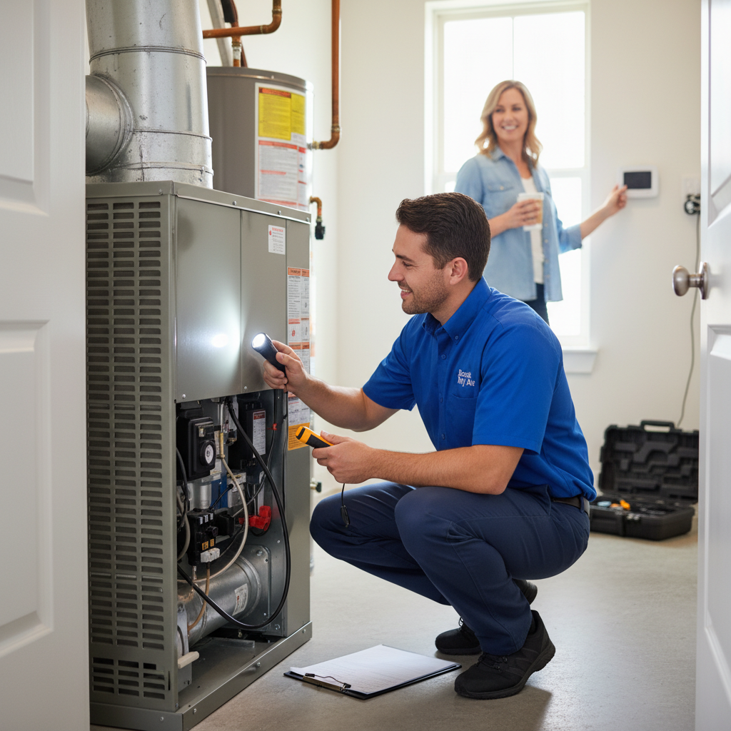 Boost My Air technician performing routine AC maintenance for a residential client in Grand Prairie, TX.