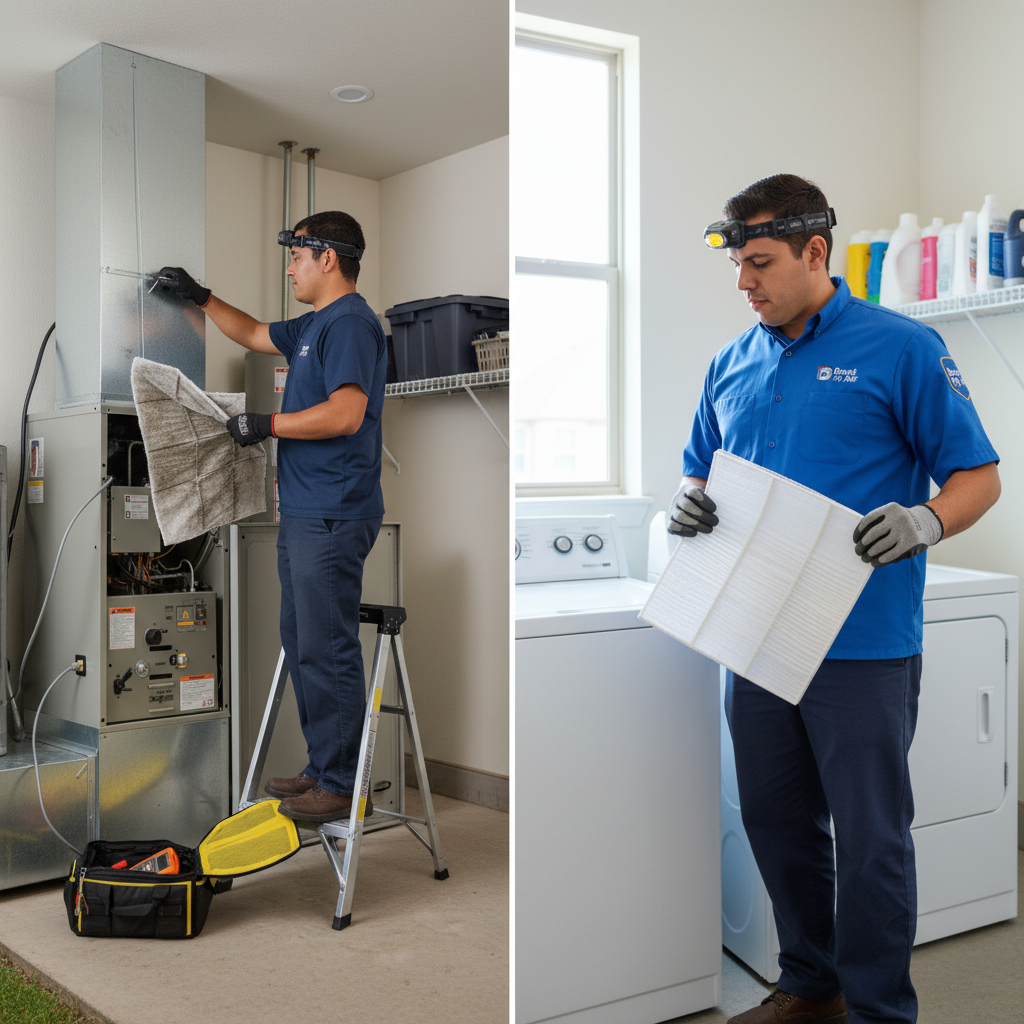 Boost My Air technician performing routine air conditioning maintenance at a residence in Grand Prairie, TX, DFW metroplex.