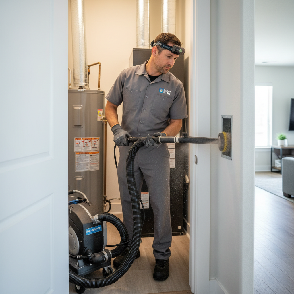 Boost My Air technician performing routine air duct cleaning inside a residential home in the DFW metroplex.