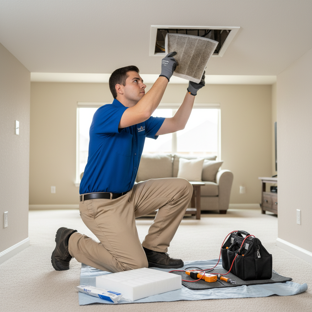 Boost My Air technician performing routine HVAC maintenance inside a Grand Prairie, TX home.