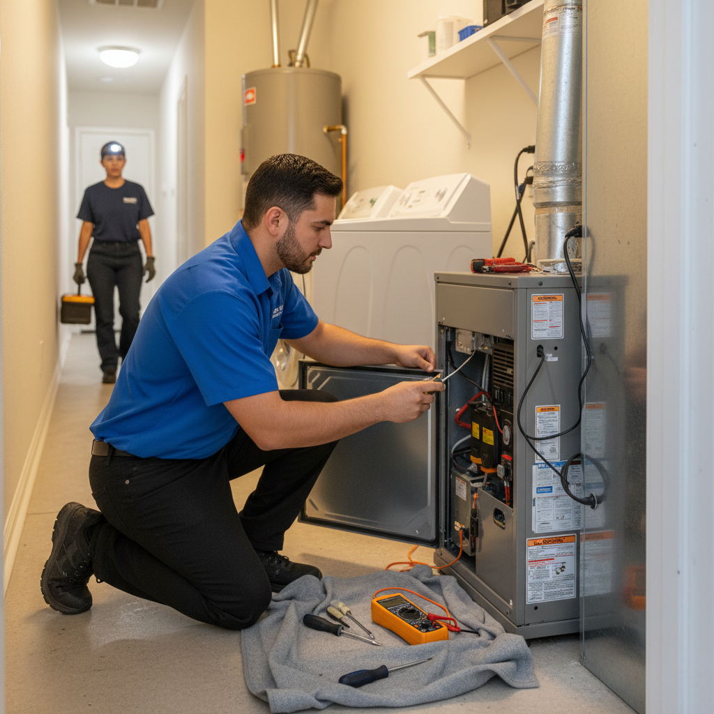 Boost My Air technician performing routine HVAC maintenance on a residential furnace in the DFW metroplex, TX.