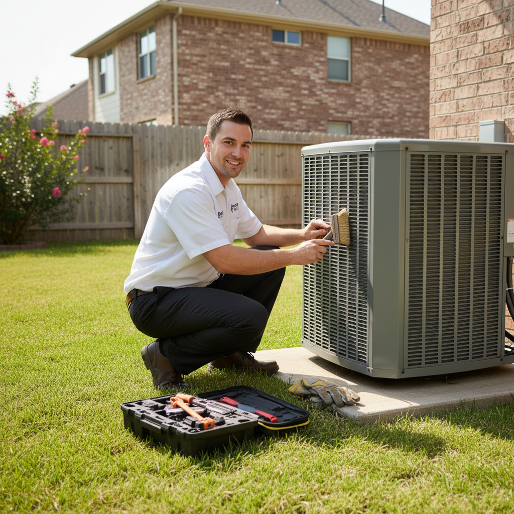 Boost My Air technician performing routine HVAC maintenance on an outdoor unit in Grand Prairie, TX.