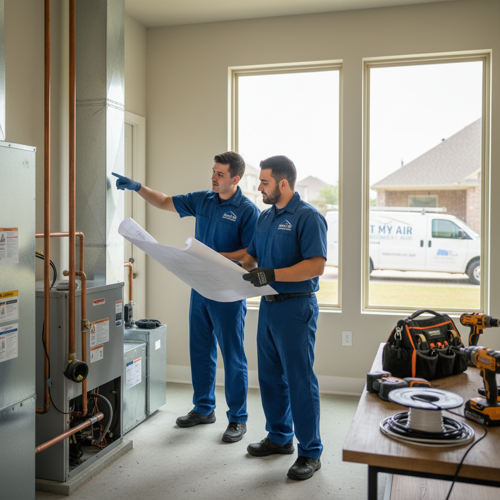 Boost My Air technicians discussing an HVAC installation project in a Grand Prairie, TX residence.