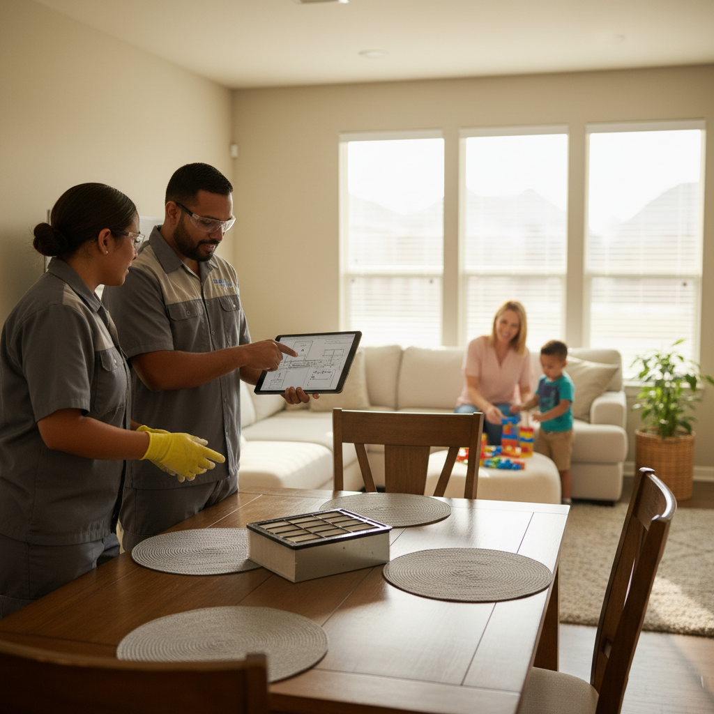 Boost My Air technicians discussing an HVAC repair plan with a homeowner in Grand Prairie, TX.
