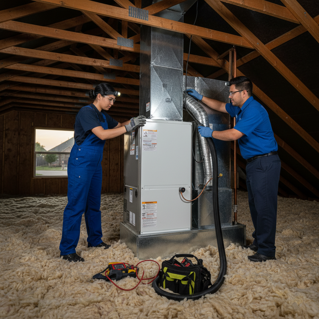 Boost My Air technicians expertly installing a new, energy-efficient HVAC system in a Grand Prairie, TX residence.