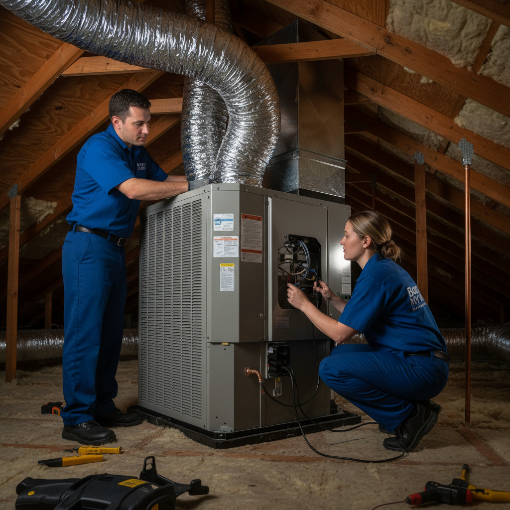 Boost My Air technicians in Grand Prairie, TX, expertly installing a new indoor air conditioning unit.