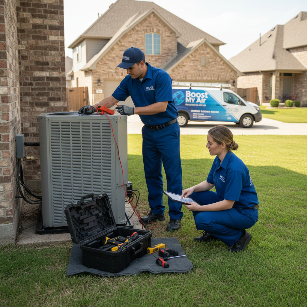 Boost My Air technicians in Grand Prairie, TX, performing skilled HVAC repair and maintenance service.