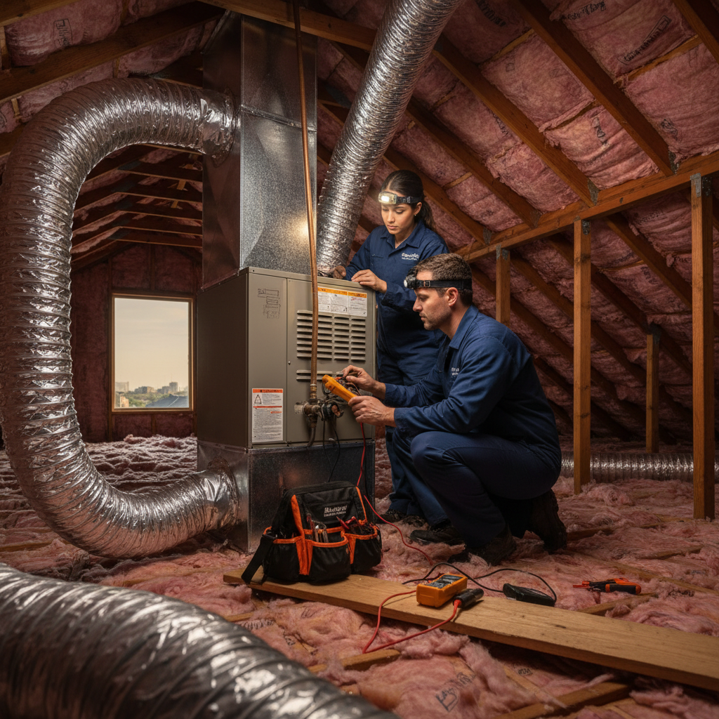 Boost My Air technicians inspecting an indoor furnace and ductwork in a Grand Prairie, TX home.