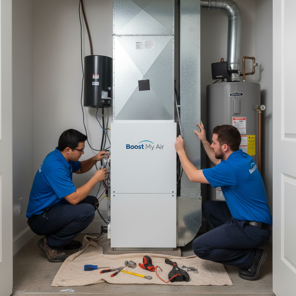 Boost My Air technicians installing a new furnace system in a Grand Prairie, TX residence.