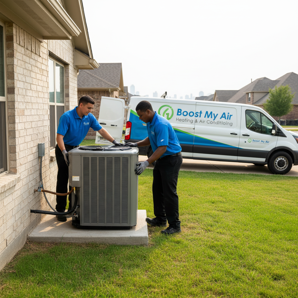 Boost My Air technicians installing a new HVAC unit at a residence in the DFW metroplex, TX.