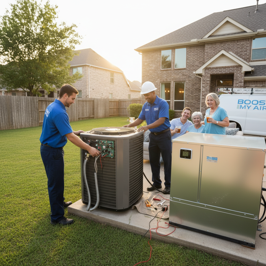 Boost My Air technicians installing a new outdoor HVAC unit at a DFW metroplex, TX residence.