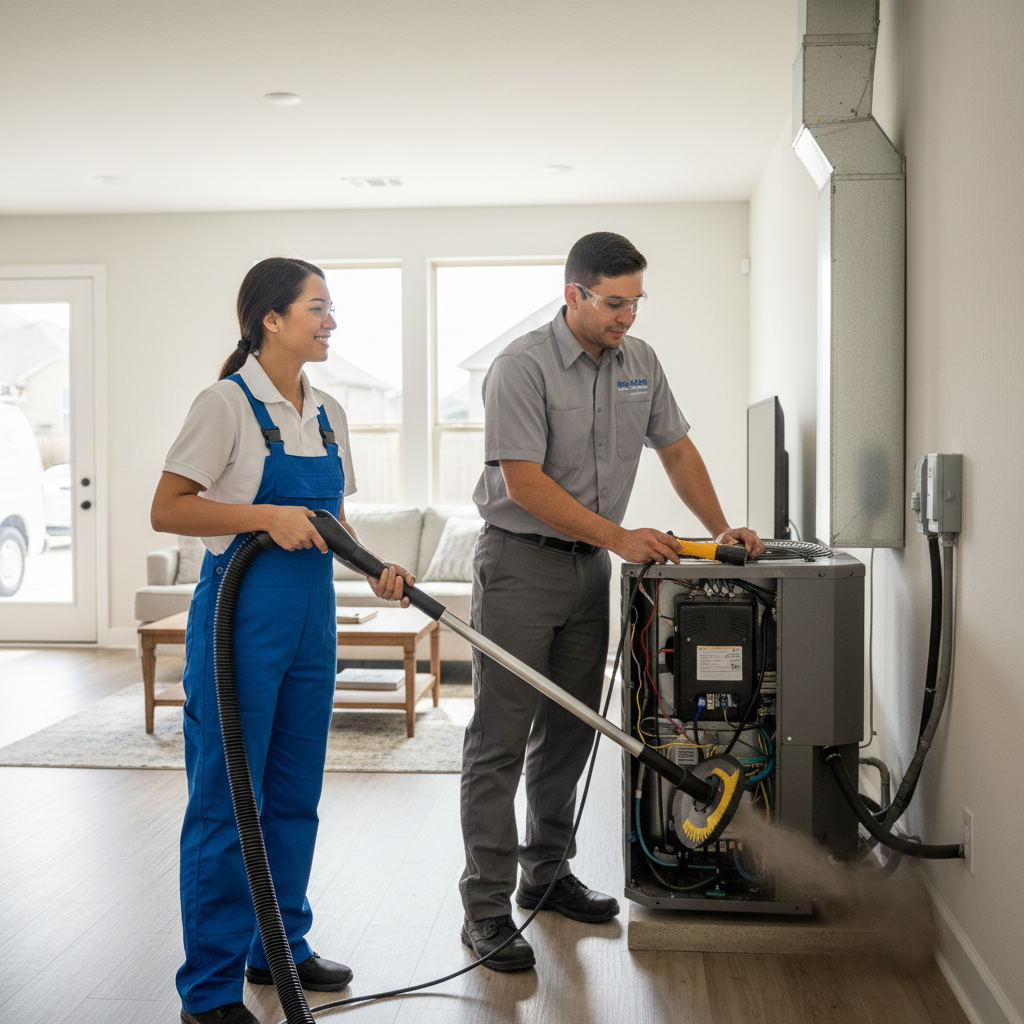 Boost My Air technicians performing air duct cleaning and HVAC maintenance in Grand Prairie, TX.