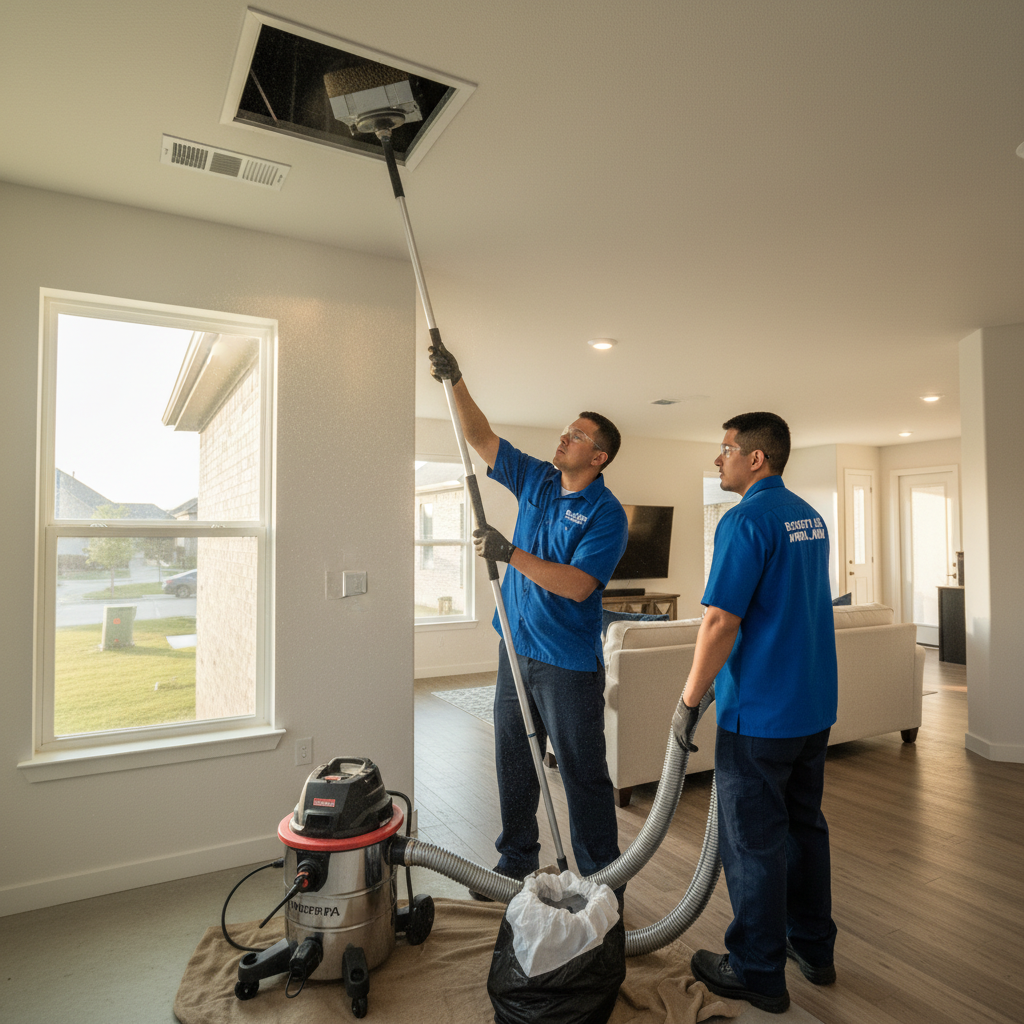 Boost My Air technicians performing air duct cleaning in a Grand Prairie, TX home for improved air quality.