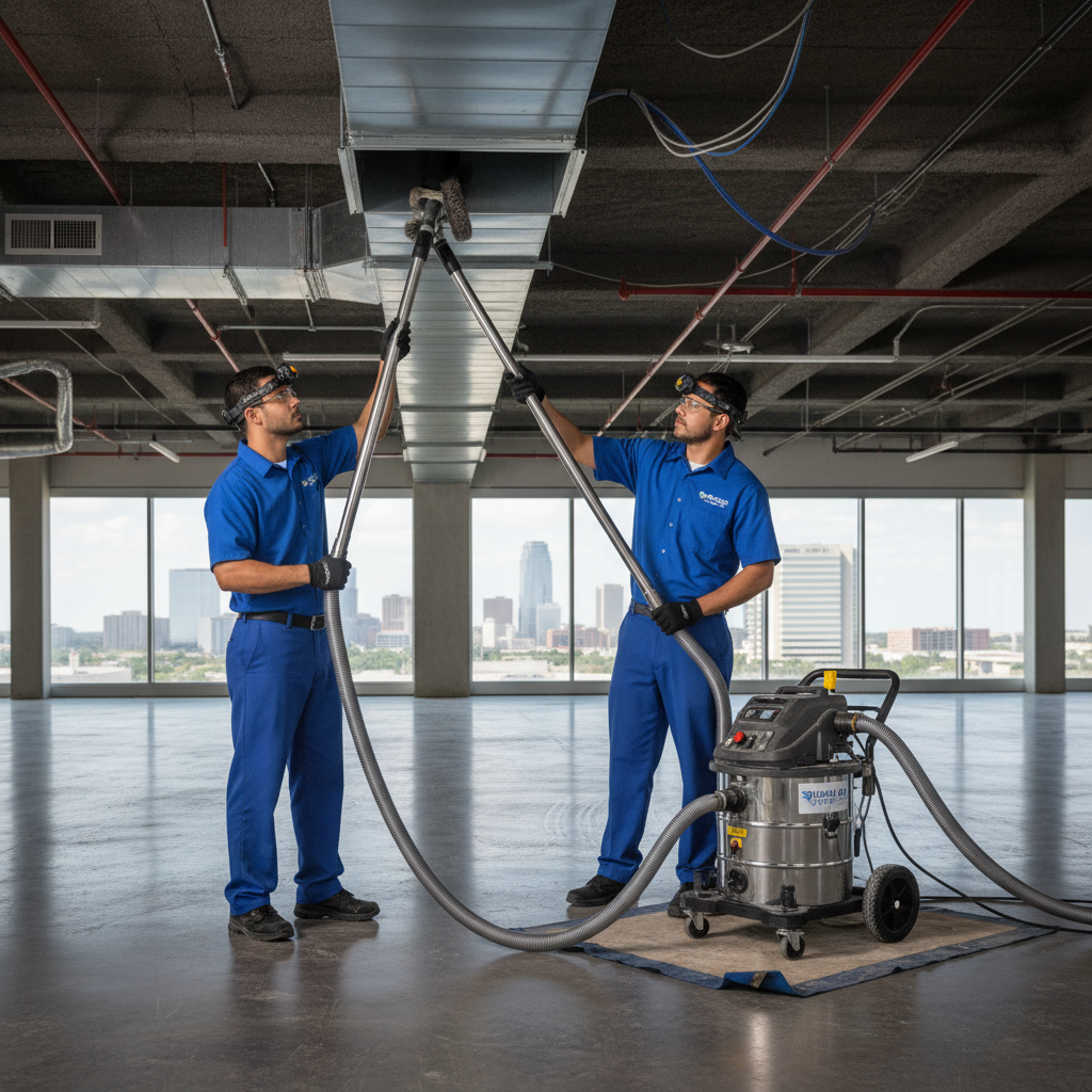 Boost My Air technicians performing air duct cleaning service in a DFW metroplex commercial building.
