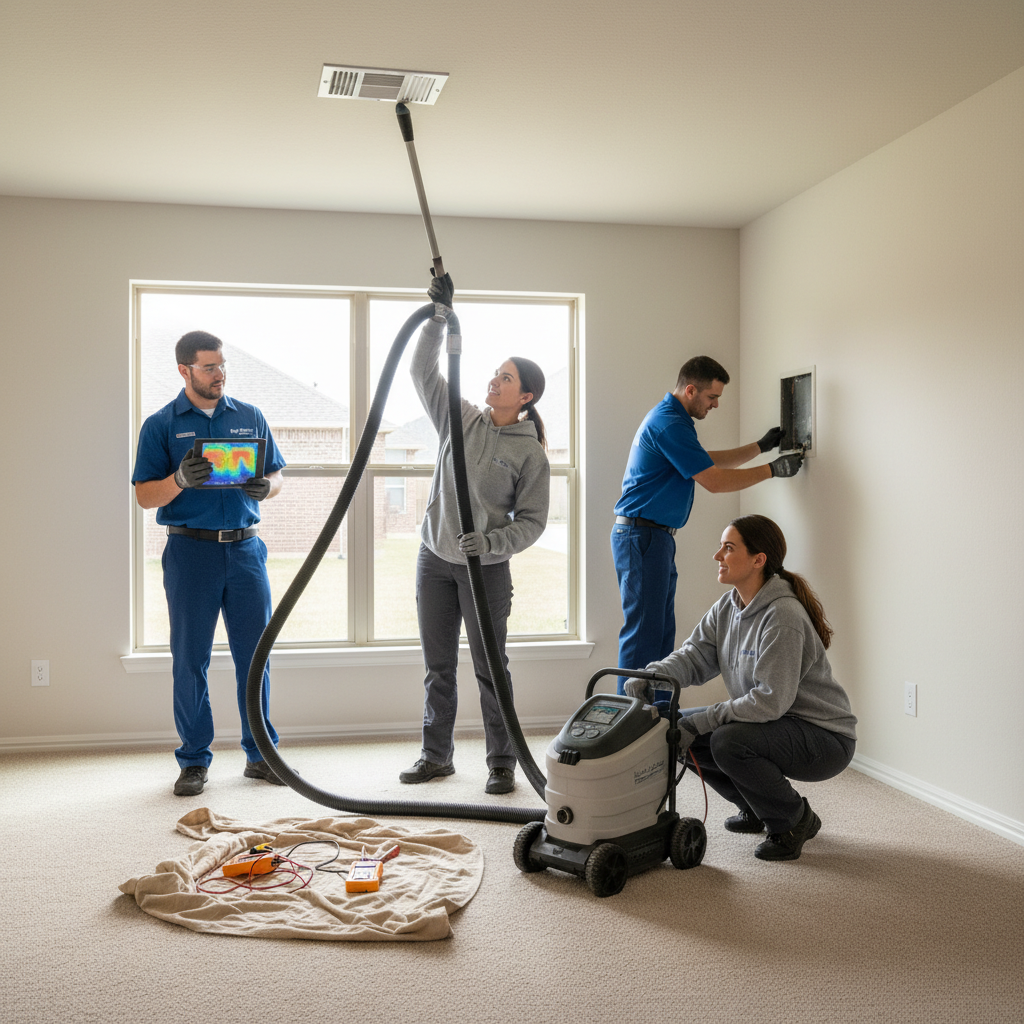 Boost My Air technicians performing duct cleaning in a Grand Prairie, TX home.