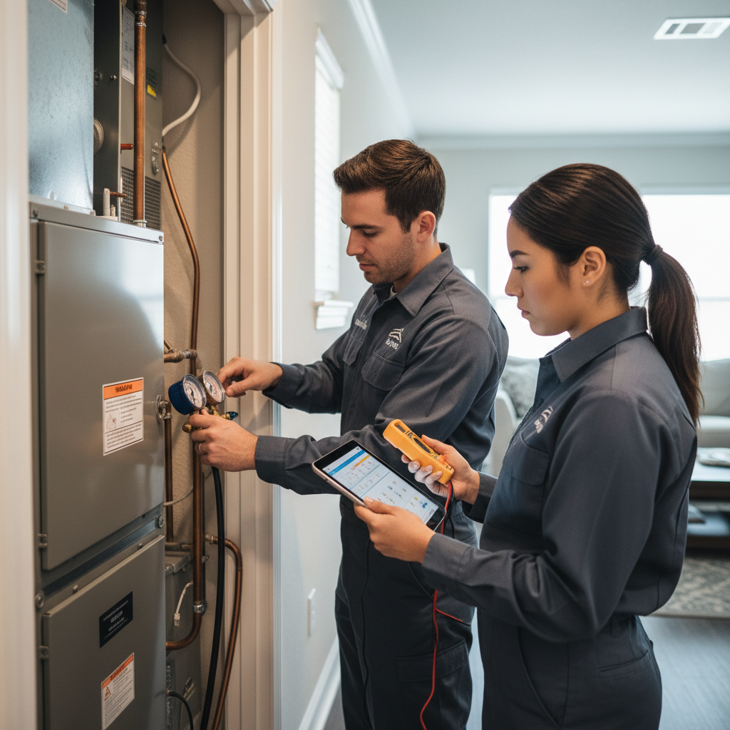 Boost My Air technicians performing HVAC system diagnostics inside a Grand Prairie, TX residence.