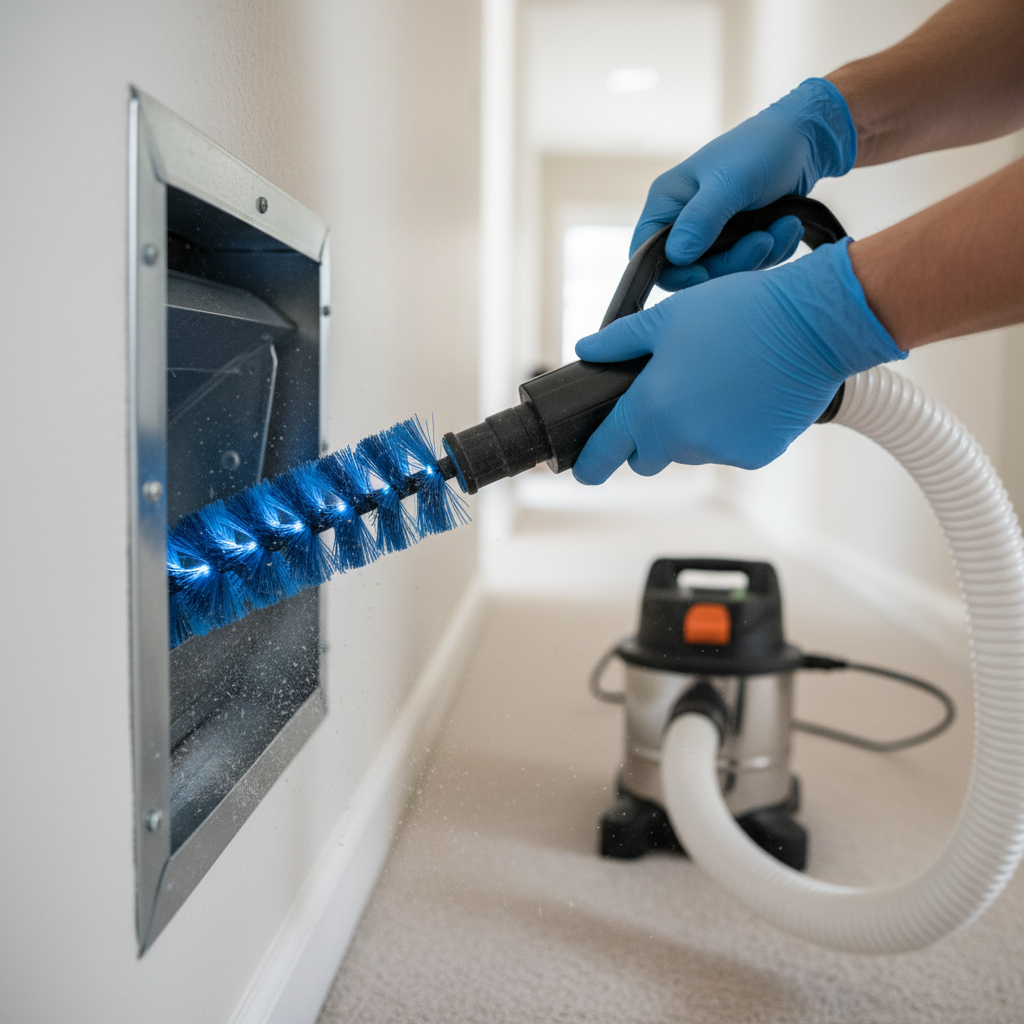 Close-up of a technician performing air duct sanitizing with specialized equipment in Grand Prairie, TX.