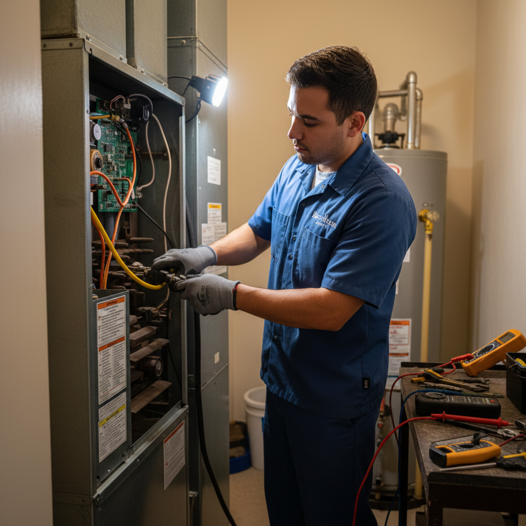 Close-up of an HVAC technician inspecting a furnace in a Grand Prairie, TX home's utility closet.