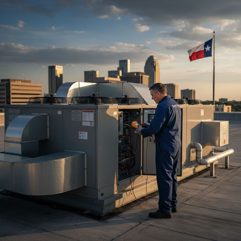 Experienced Boost My Air technician inspecting a commercial HVAC system in the DFW metroplex, TX.