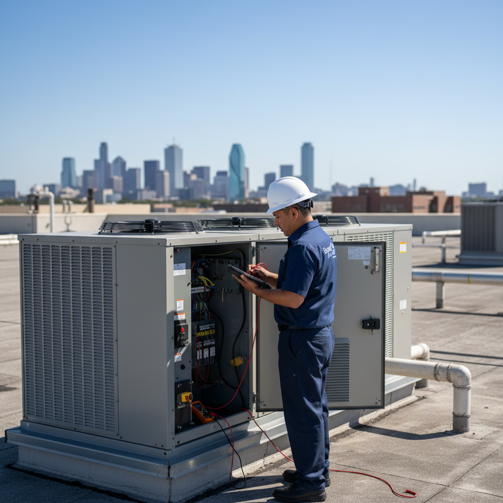 Experienced Boost My Air technician inspecting a commercial HVAC system in the DFW metroplex, TX.