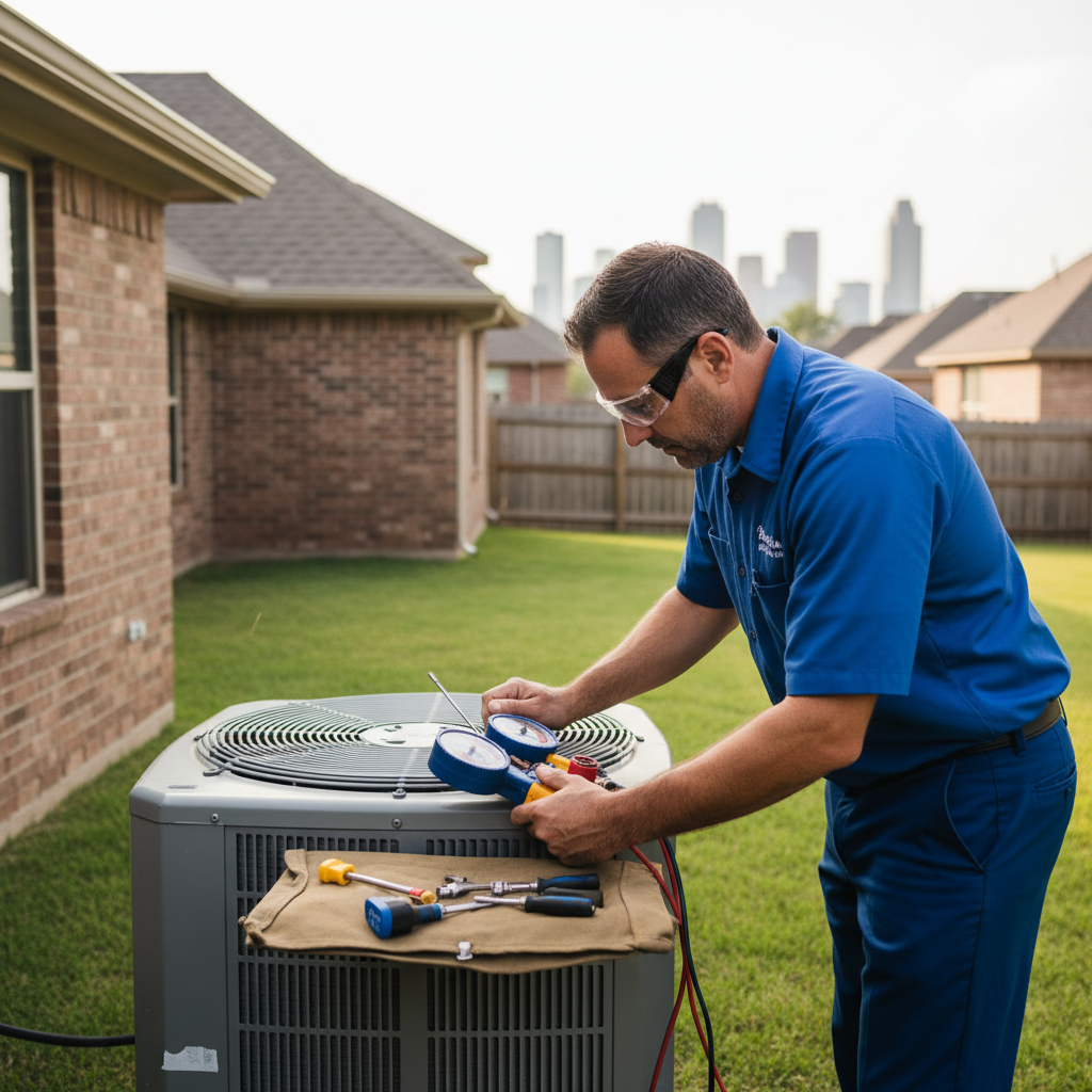 Experienced HVAC technician expertly inspecting an air conditioning unit outside a home in Grand Prairie, TX.