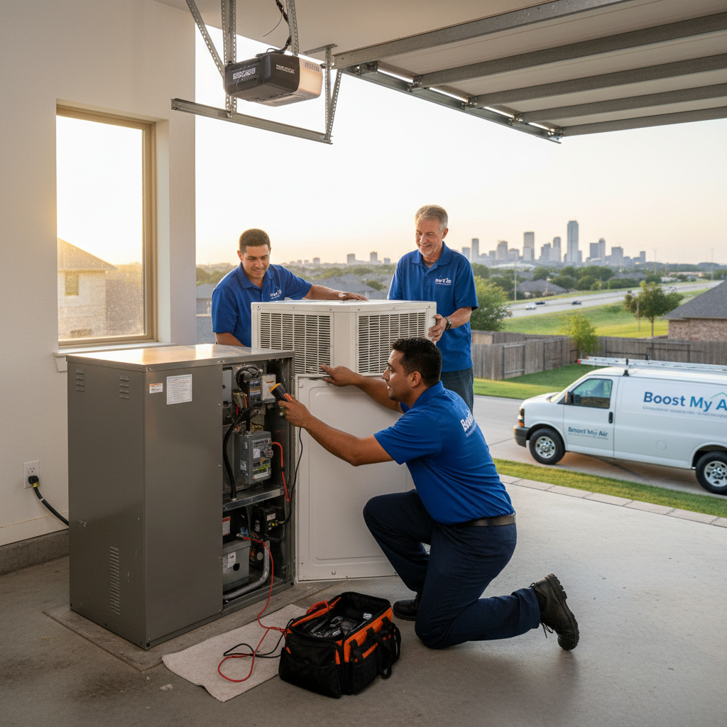 Experienced HVAC technician from Boost My Air inspecting a furnace in a Grand Prairie, TX home.